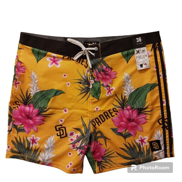 Hurley MLB Swim Trunks SAN DIEGO PADRES Mens Sz 36 Yellow Board Shorts Tropical - Picture 7 of 16